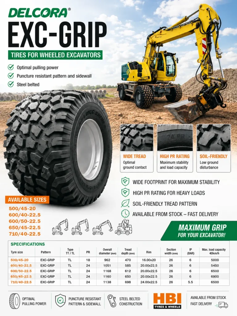 Delcora EXC-Grip banden voor mobiele graafmachines, met maten en specificaties